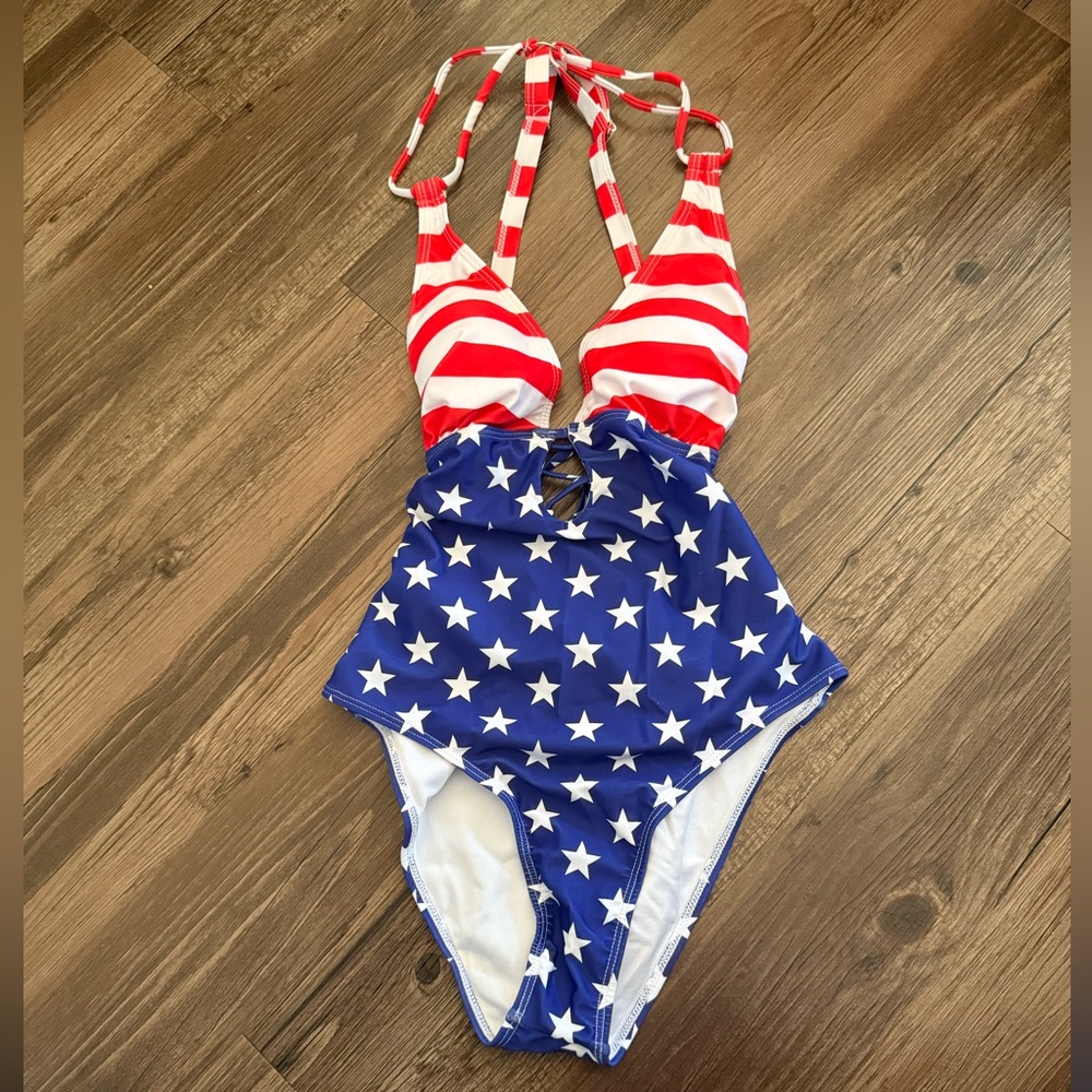 NWOT American Flag Plunge Strappy One Piece Swimsuit - Picture 6 of 14